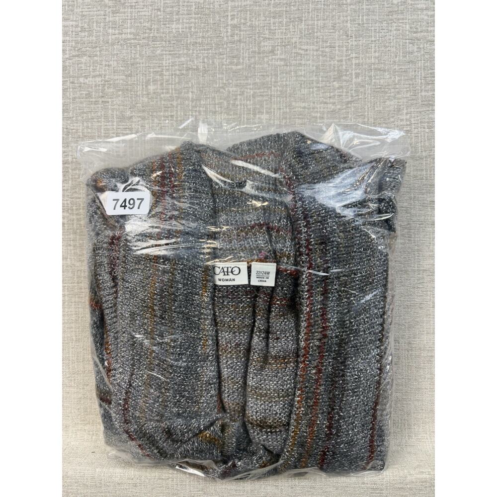 Cato Woman 22/24W Gray Striped Open Front Cardigan Sweater Fringe Ramie - Picture 8 of 8